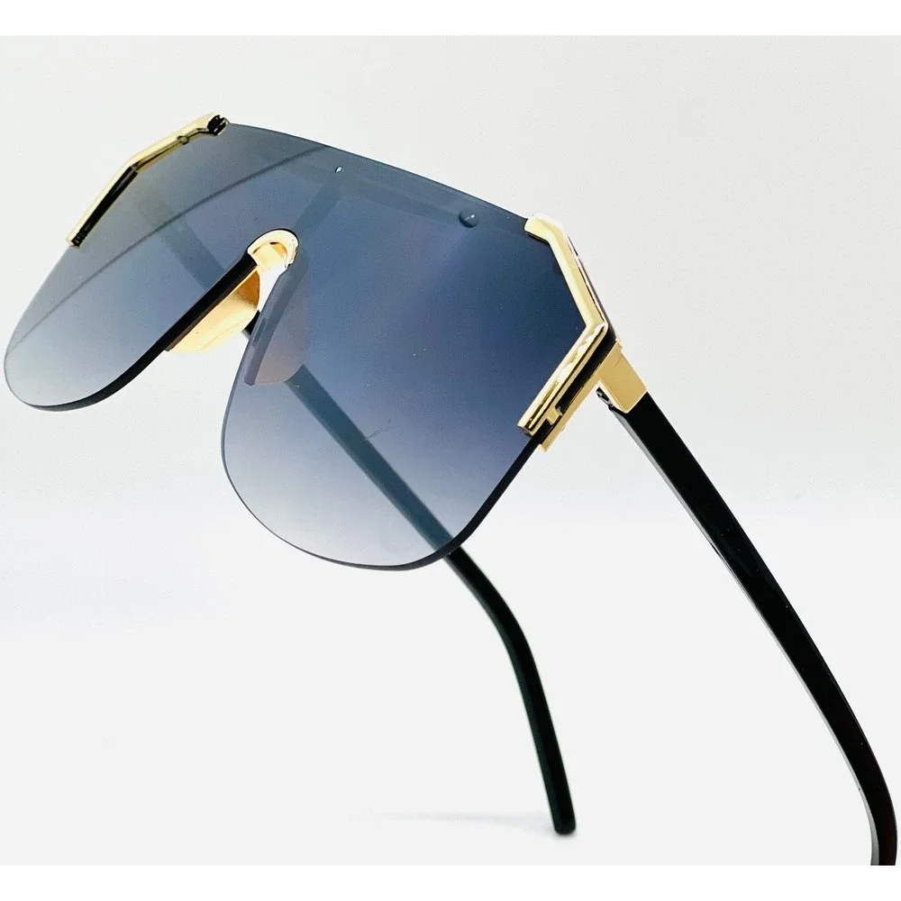 Shield Sunglasses Gold Accents Single‎ Black Lens Miami Beach Style Trendy Gafas